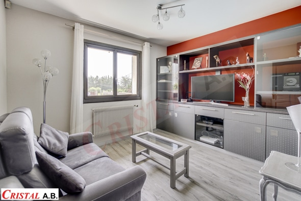 Salon moderne avec canapé gris, meuble TV et mur orange. Signature Cristal A.B.