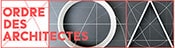 Logo Ordre des Architectes : Architecture et Urbanisme Logo Ordre des Architectes avec texte rouge et schémas géométriques d'un cercle et d'un triangle blancs sur fond gris.