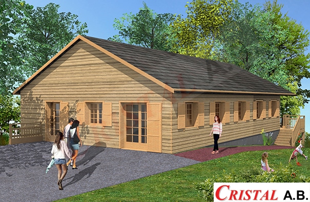 Maison en bois Cristal A.B. de style chalet avec fenêtres à volets, jardin fleuri et personnages.