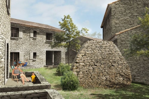 Hameau en pierres sèches avec une femme sur une terrasse et un enfant dans un jardin provençal ensoleillé.