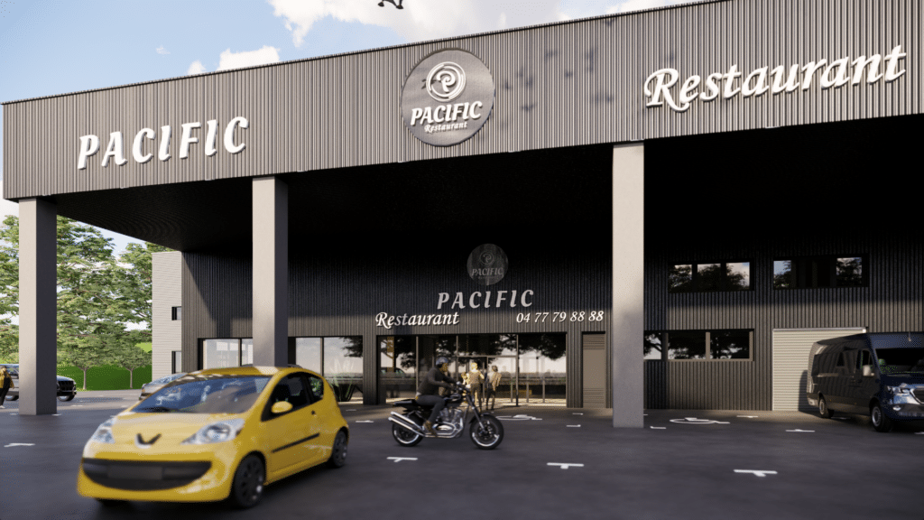 Façade noire du PACIFIC Restaurant avec voiture jaune, moto et numéro 04 77 79 88 88.