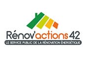 Rénov'actions 42 : Service Public de Rénovation Énergétique Logo Rénov'actions 42 : service public de la rénovation énergétique avec toit symbolisant l'efficacité thermique.