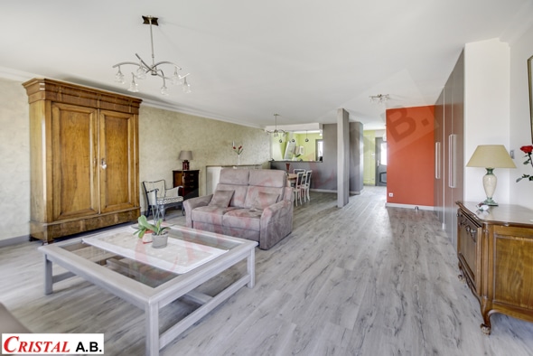Salon spacieux avec armoire ancienne en bois, canapé gris et parquet clair. Immobilier Cristal A.B.